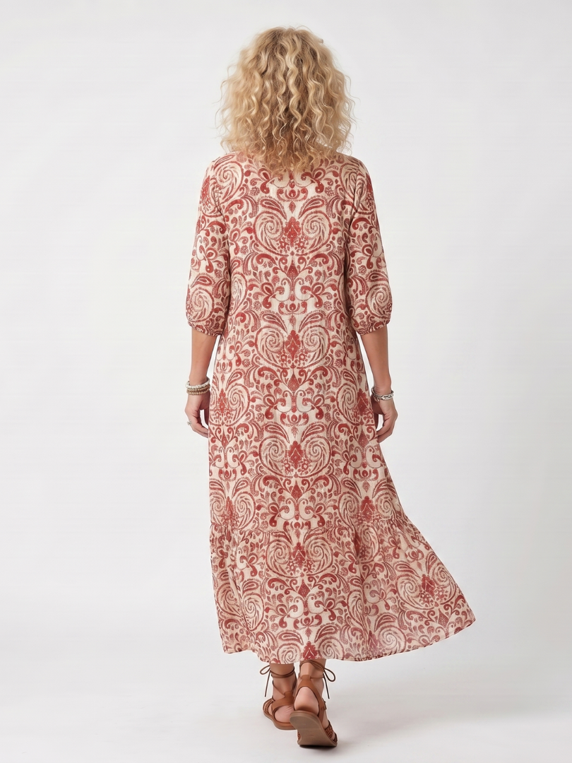 Noelle | Robe midi à imprimé orné avec lien à frange