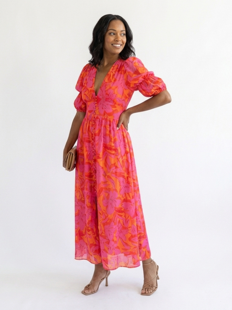Saule | Robe Midi à Manches Bouffantes et Col V Floral