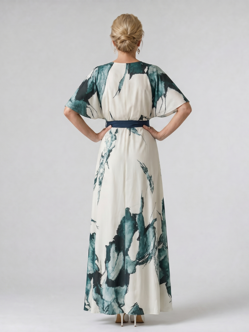 Moglos | Robe Maxi à Manches Volantes et Ceinture Abstraite