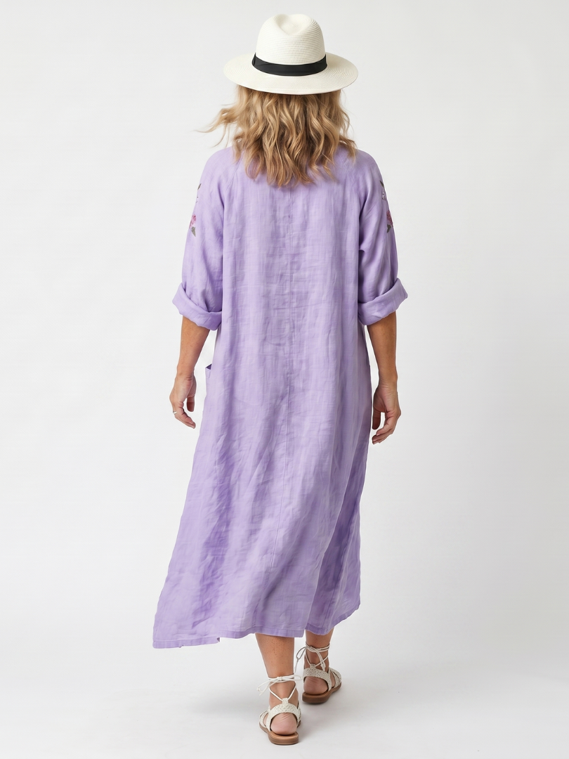 Tavi | Robe Midi Oversize à Poches Brodées de Fleurs