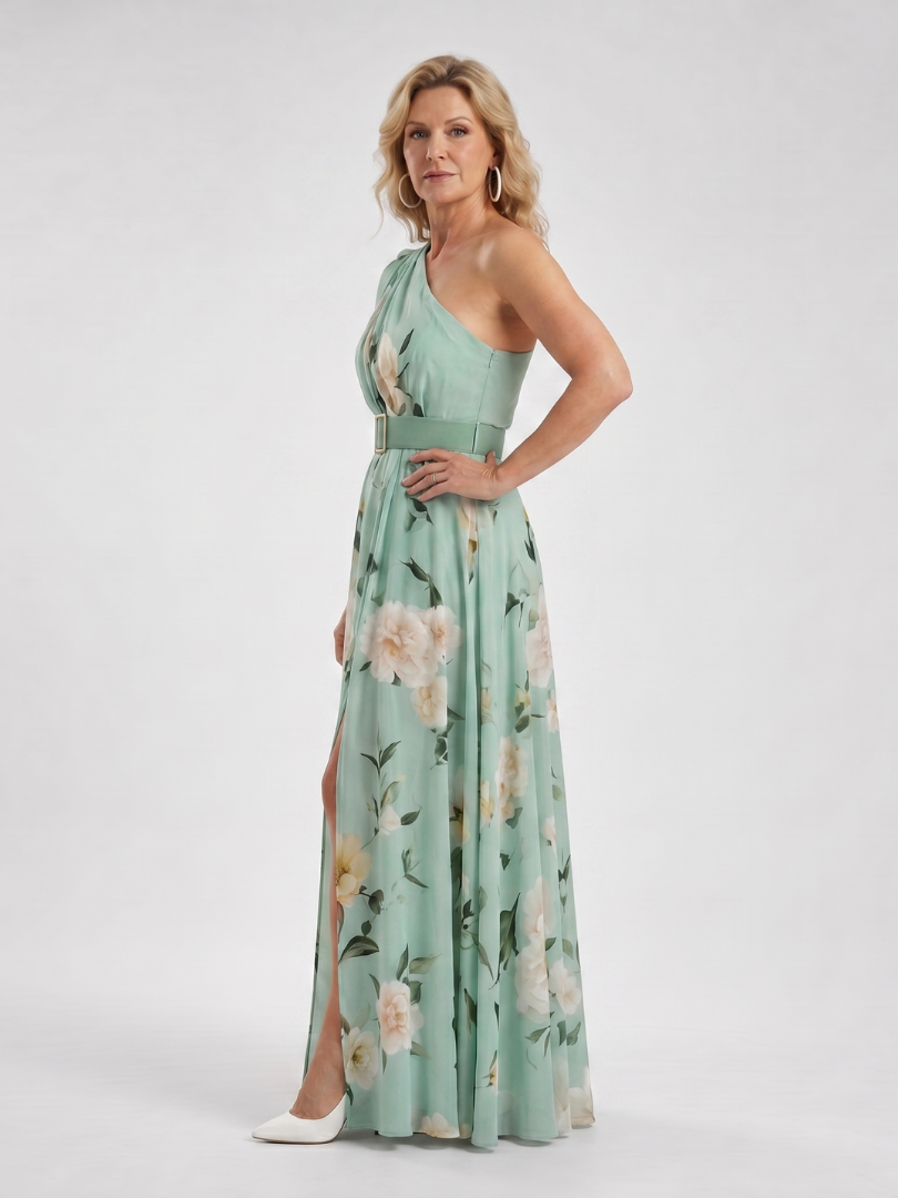 Manios | Robe maxi à imprimé floral à une épaule avec ceinture