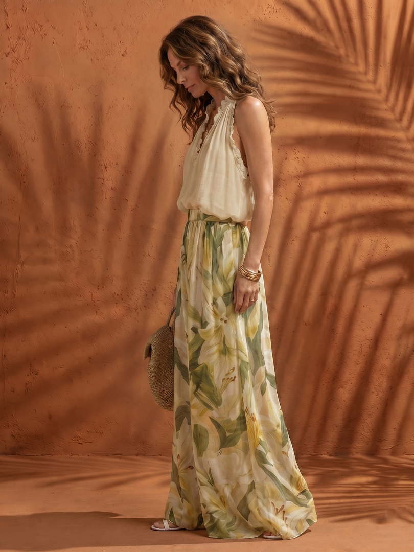 Solange | Ensemble Blouse à Col Halter et Pantalon Large Floral