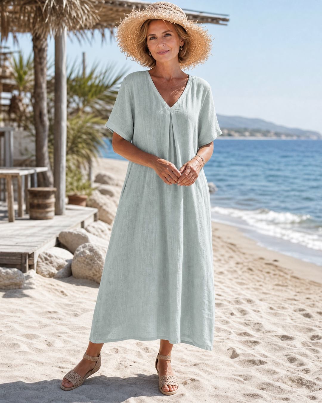 Thamal | Robe Midi Relaxed en Mélange de Coton Lavé à Col V