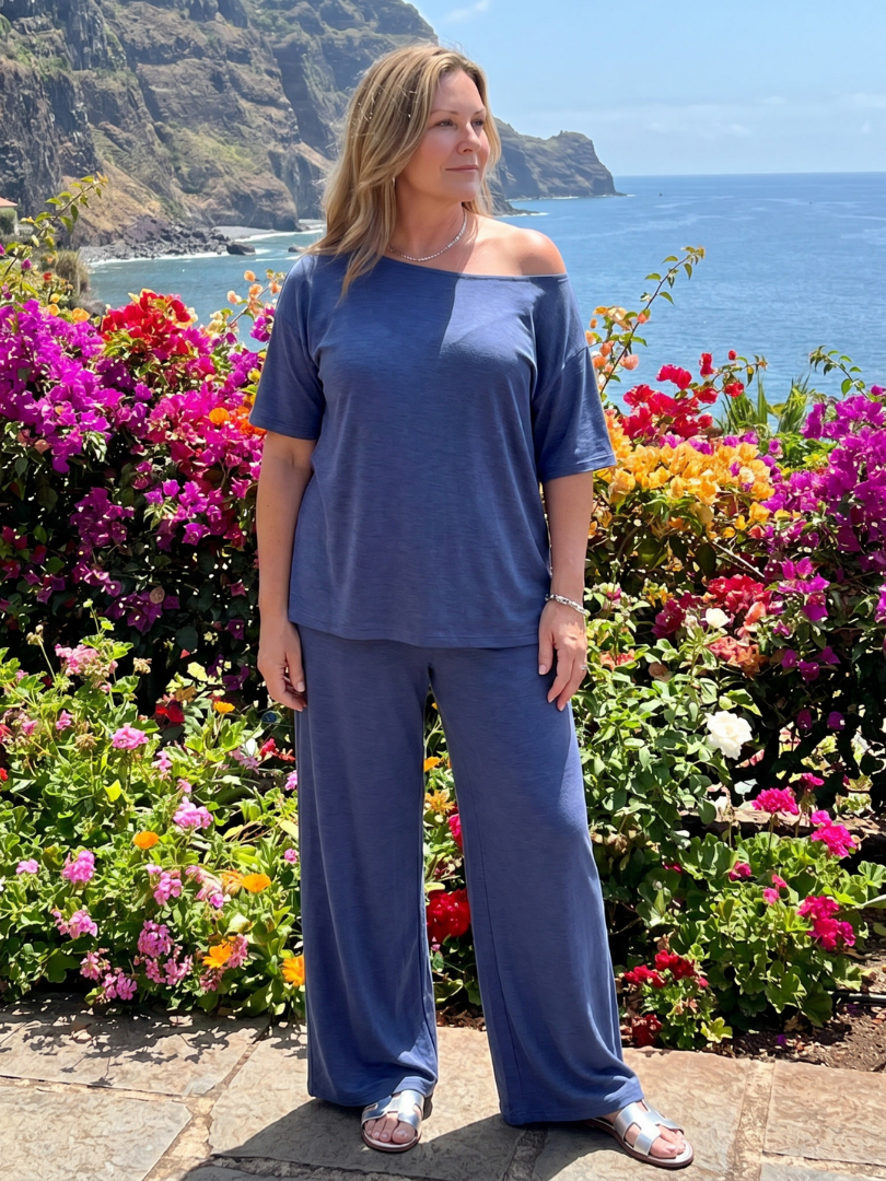 Elarim | Ensemble Top à Manches Courtes Off-Shoulder et Pantalon Large