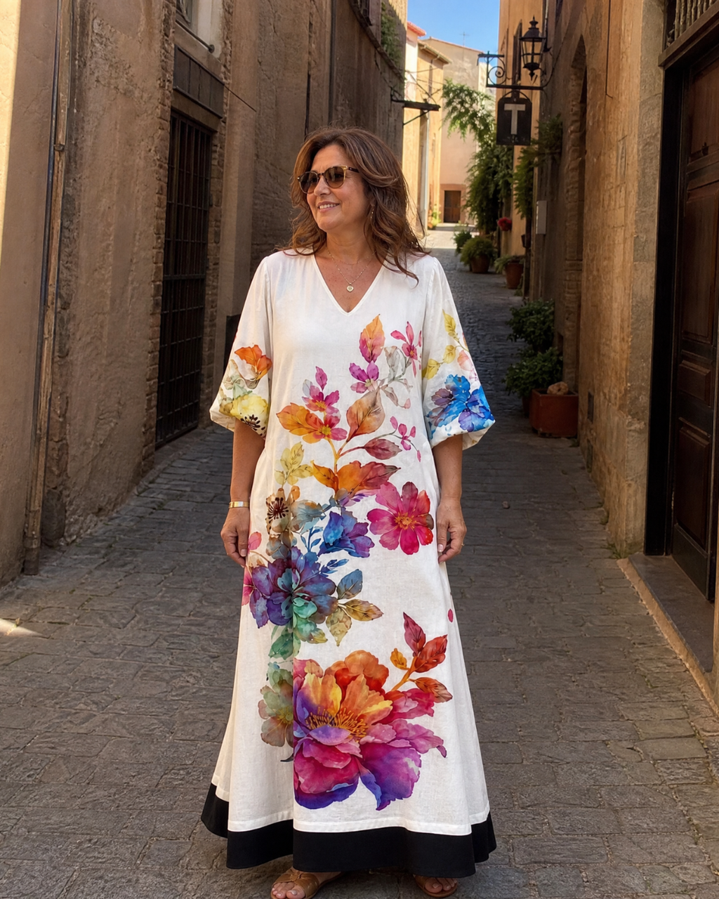 Florienne | Robe Midi à Poches avec Imprimé Aquarelle
