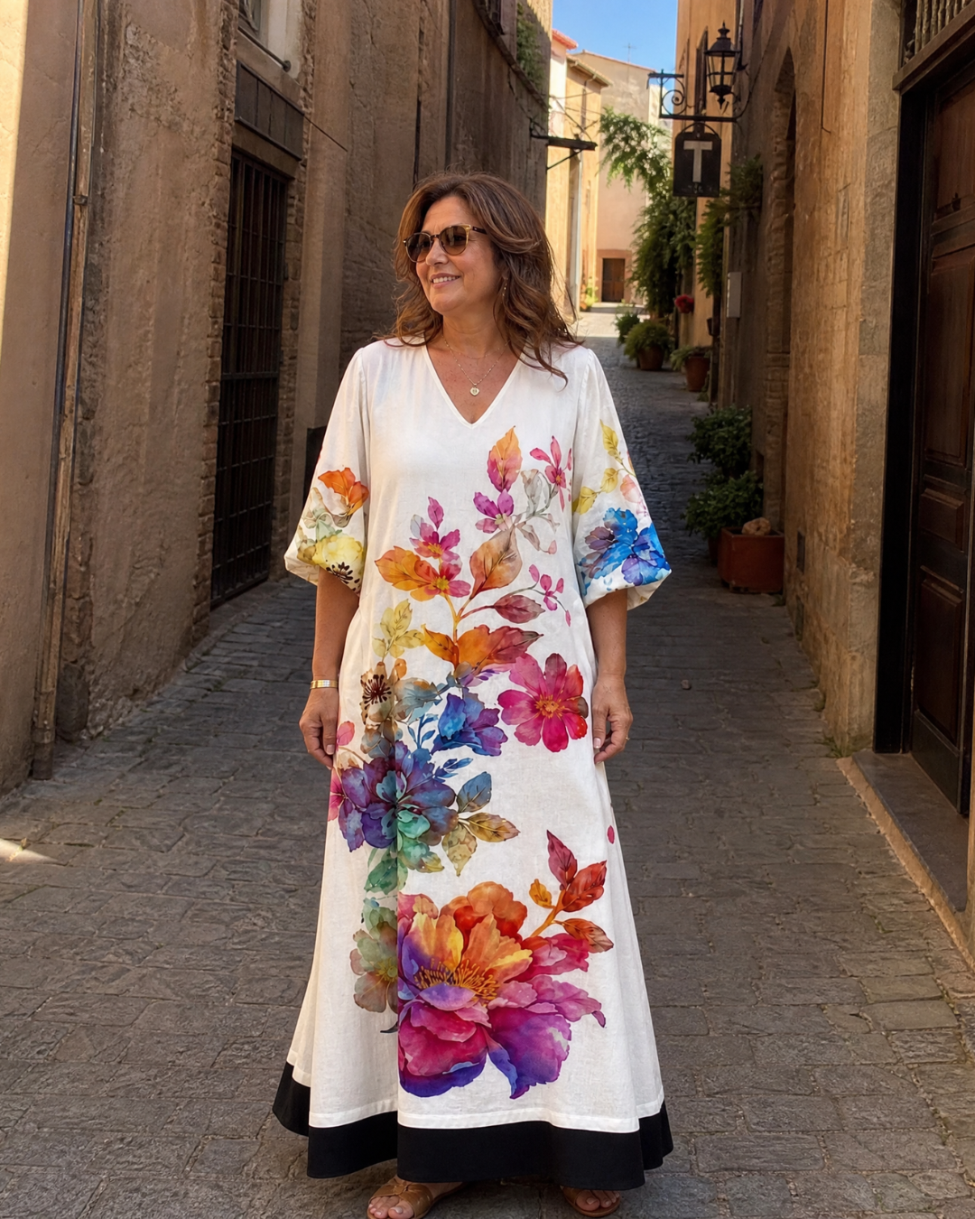 Florienne | Robe Midi à Poches avec Imprimé Aquarelle
