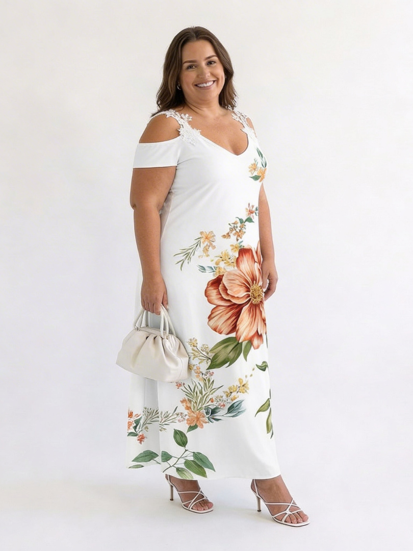 Camila | Robe Midi A-Line Florale à Épaules Dégagées