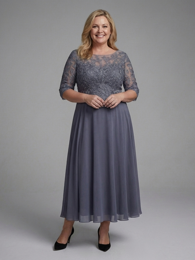 Olivine | Robe Midi à Corsage en Dentelle et Manches Transparentes