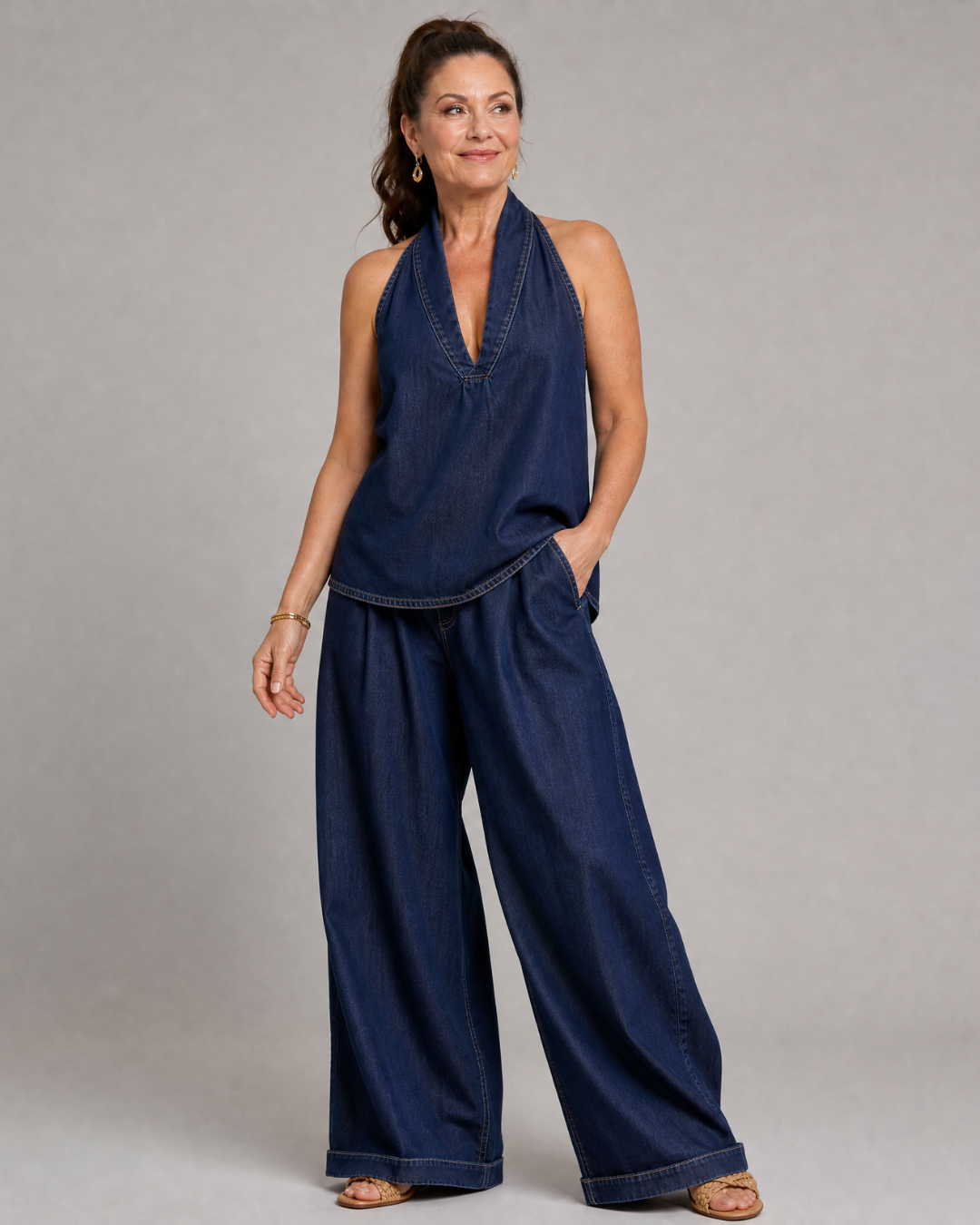 Zorelle | Ensemble Top en Jean à Col Halter et Pantalon Large