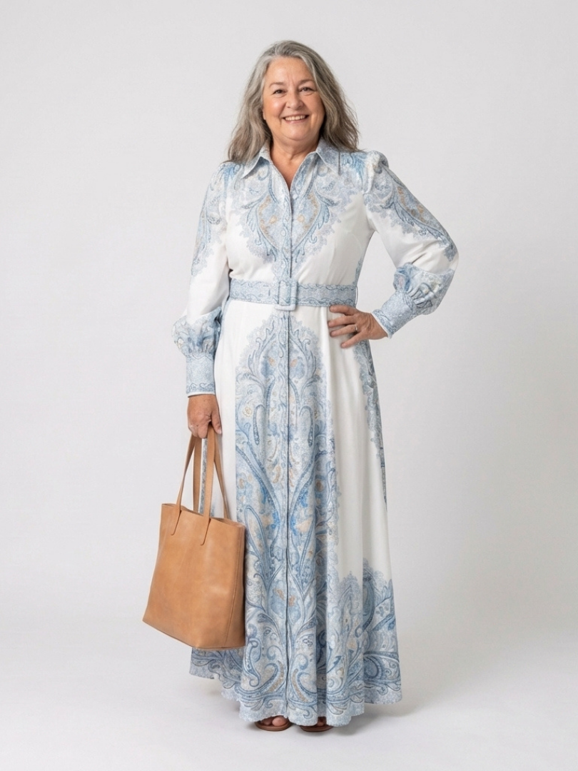 Sierra | Robe Maxi Imprimée à Col Montant et Manches Longues