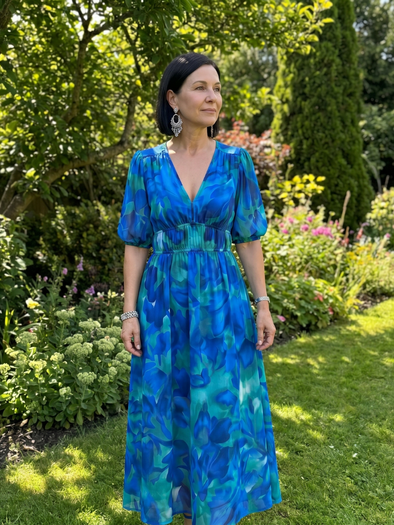 Candlia | Robe Midi Imprimé Abstrait à Manches Bouffantes et Décolleté en V