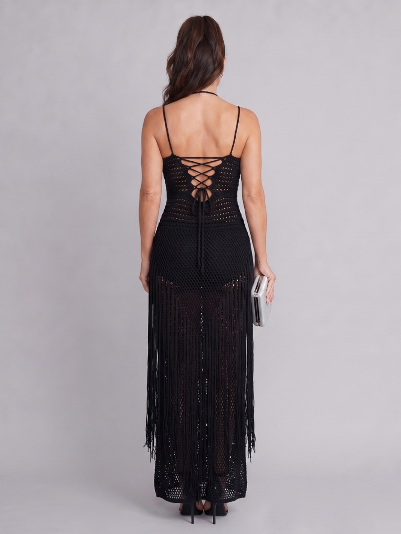 Zephyra | Robe Maxi à Décolleté Halter avec Détails en Franges