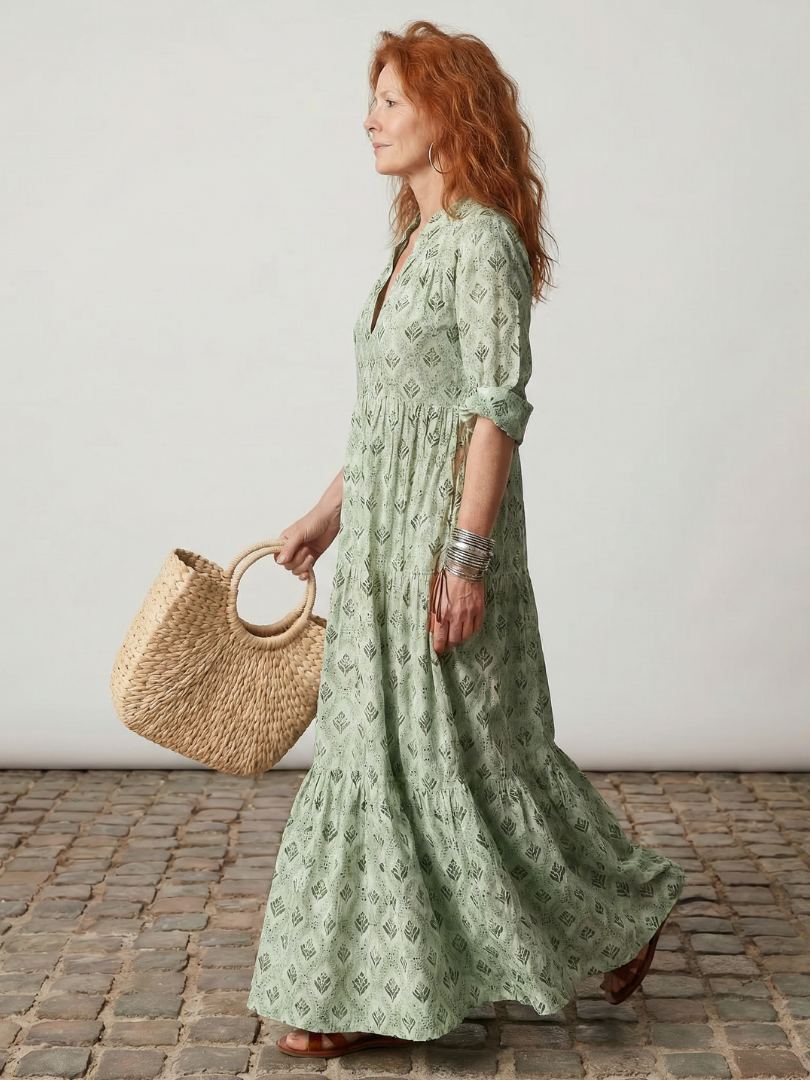 Junia | Robe Maxi Imprimée à Col Notch à Manches Longues