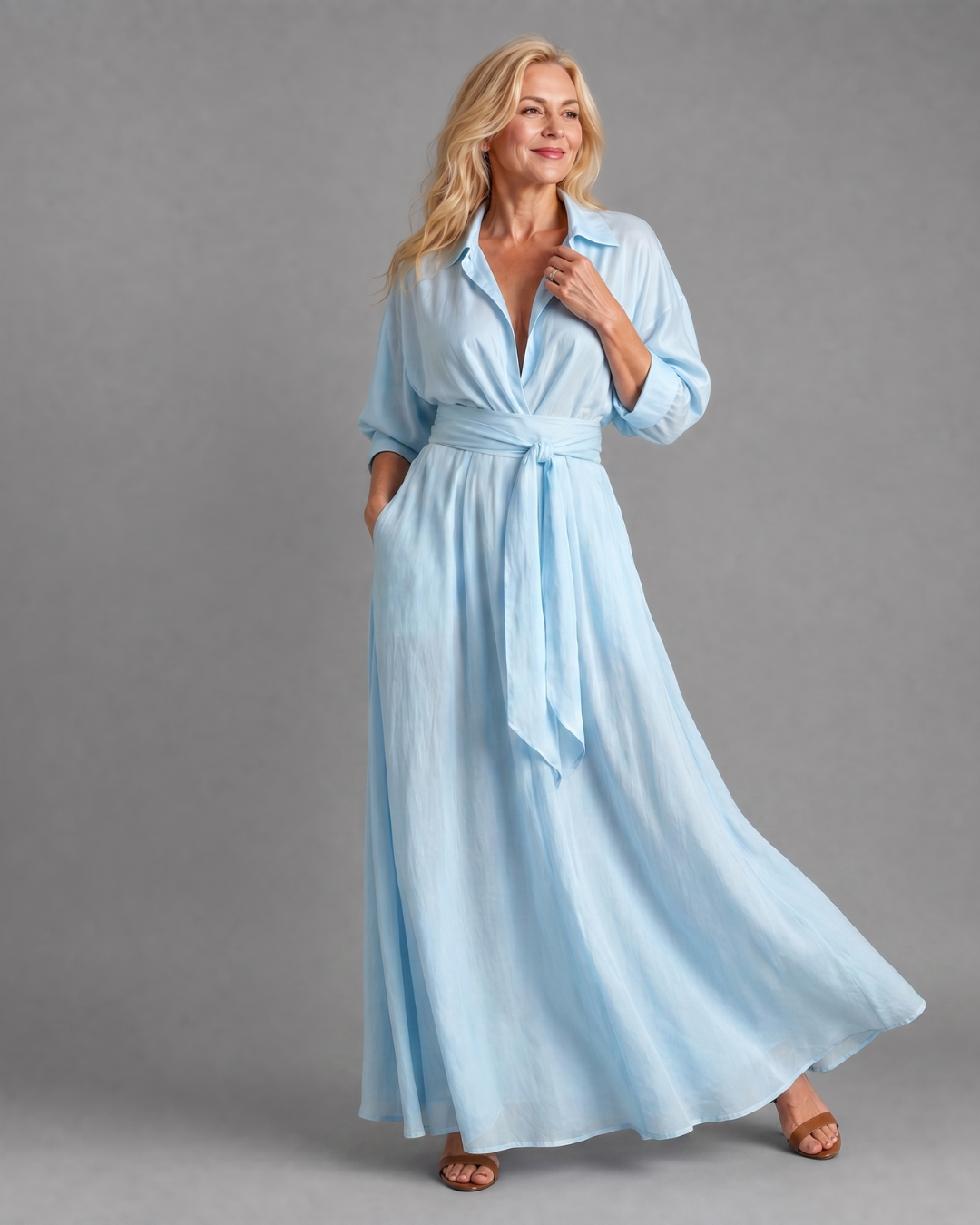 Zelith | Robe midi fluide à manches longues et col ceinturé