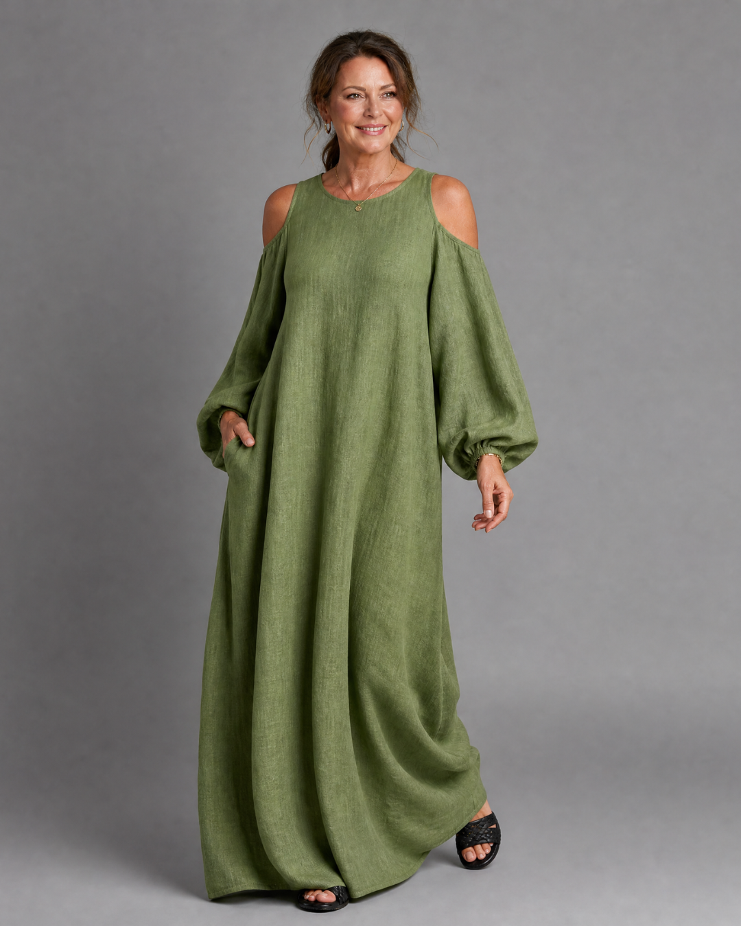 Sylphine | Robe Maxi Décontractée à Épaules Dénudées et Manches Bouffantes
