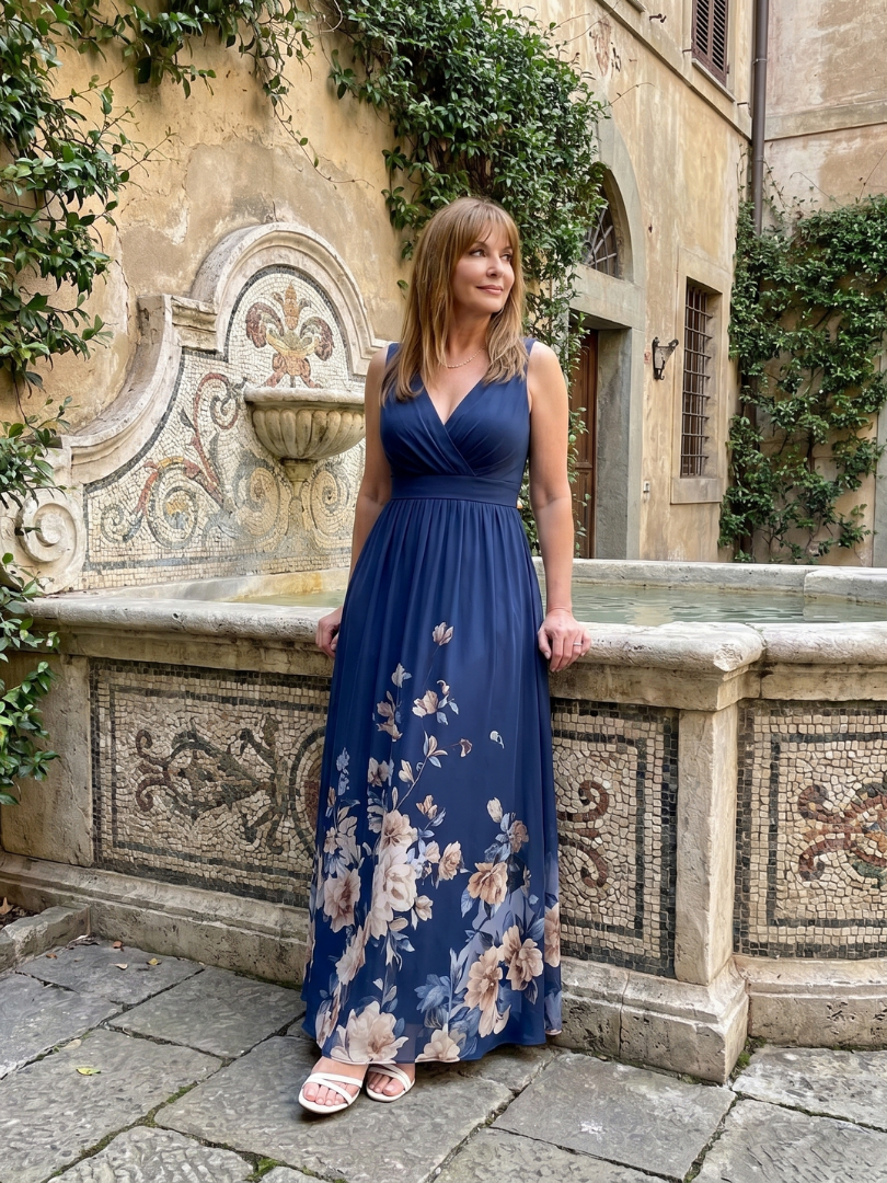 Clarissa | Robe midi sans manches à encolure en V et ourlet floral doux