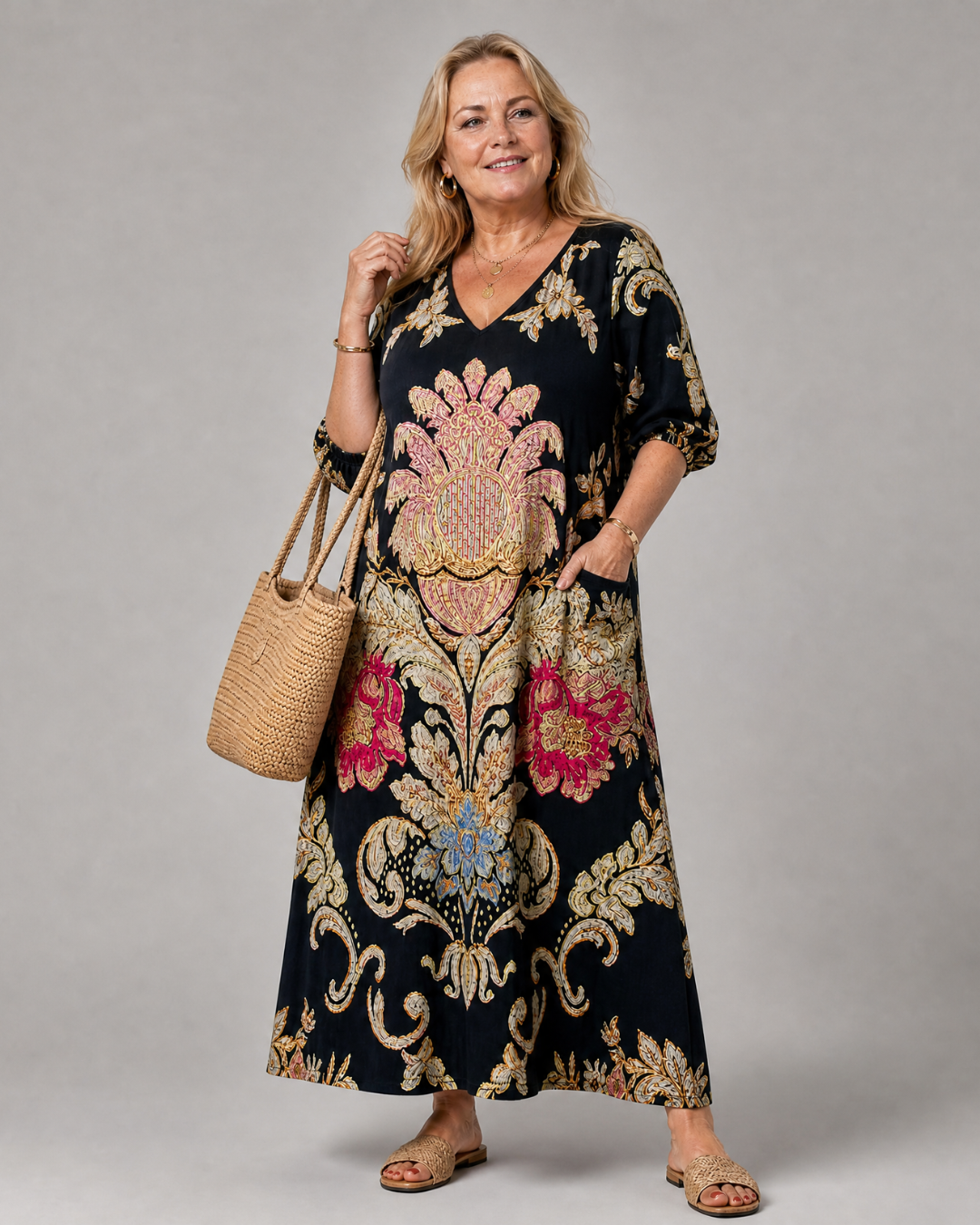 Evarose | Robe midi à manches trois-quarts avec imprimé vintage orné