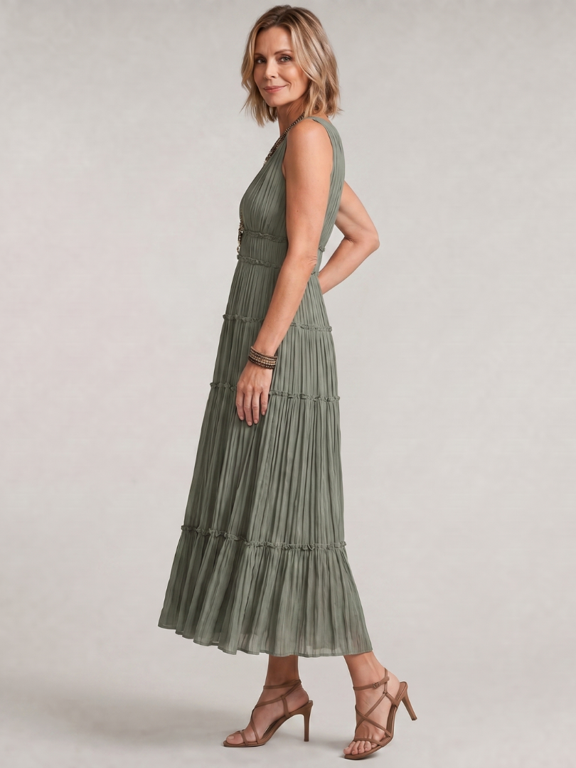 Somala | Robe Midi Plissée Sans Manches à Encolure en V Tiered
