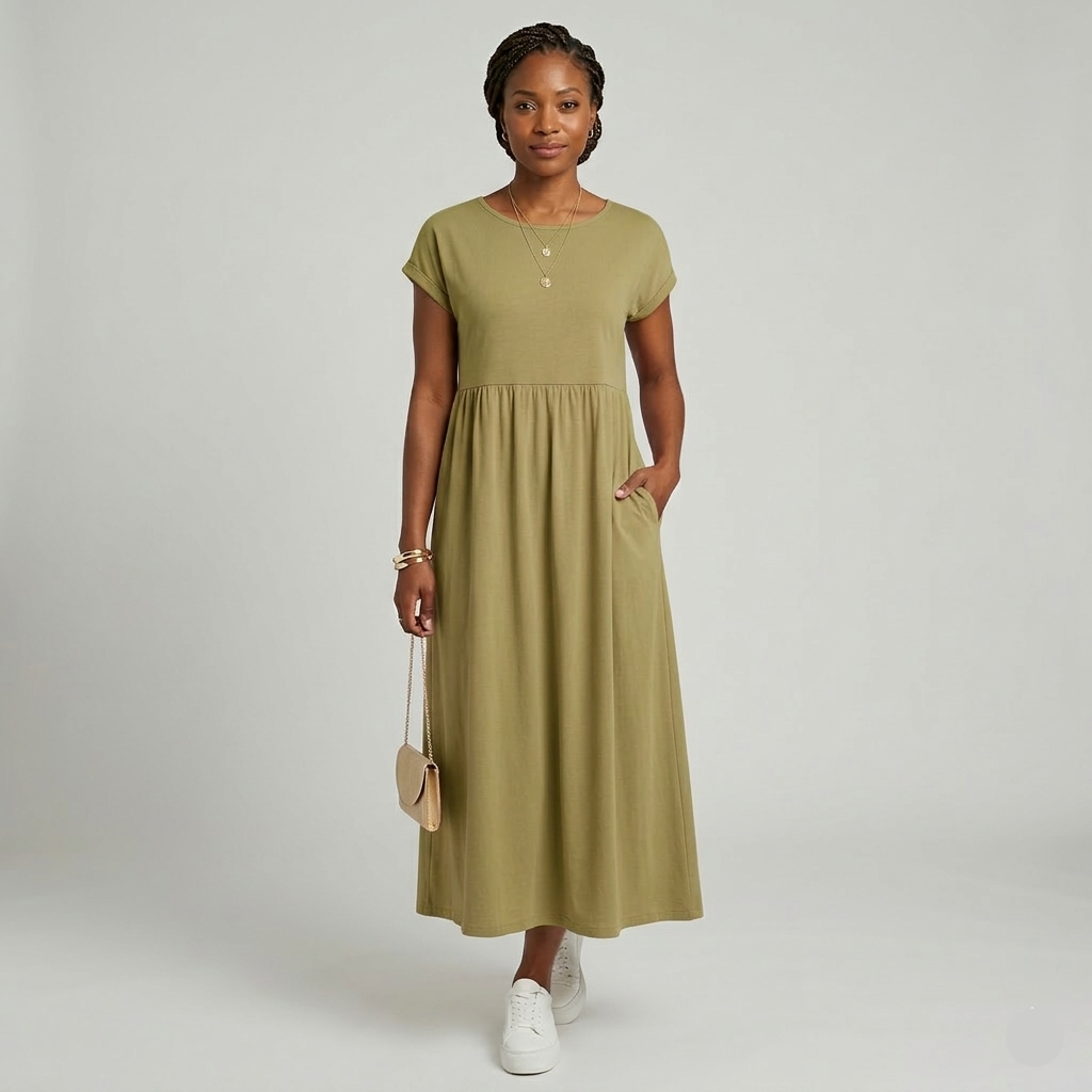 Robe Maxi Femme Élégante Manches Courtes Taille Haute Poches