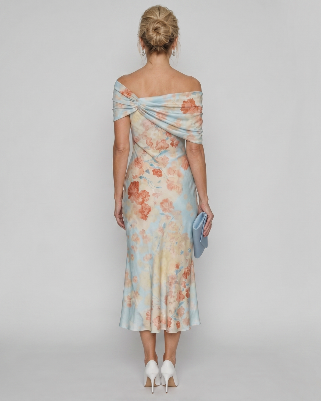 Imore | Robe Midi Ajustée à Fleurs Douces et Épaules Dénudées