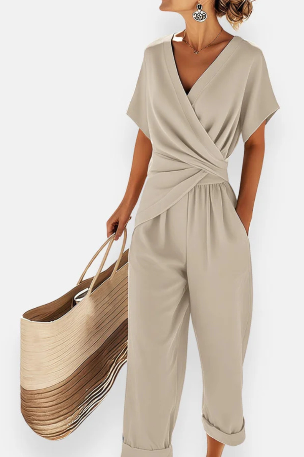 Combinaison Longue Femme avec Décolleté Croisé, Manches Courtes et Pantalon Cropped avec Poches