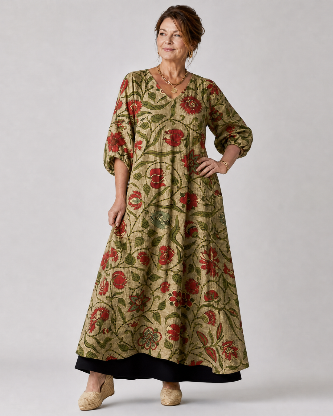 Rimla | Robe midi décontractée à manches trois quarts avec imprimé botanique
