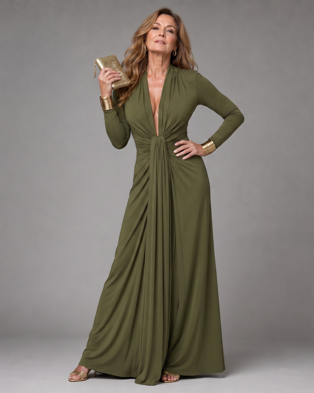 Vimmer | Robe Maxi à Manches Longues avec Décolleté en V Profond Drapé