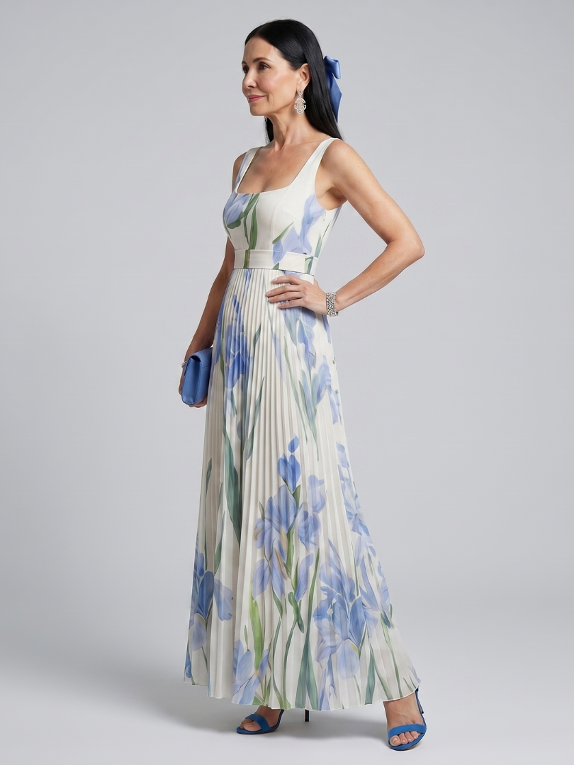 Ophelia | Robe midi à imprimé floral sans manches et décolleté carré