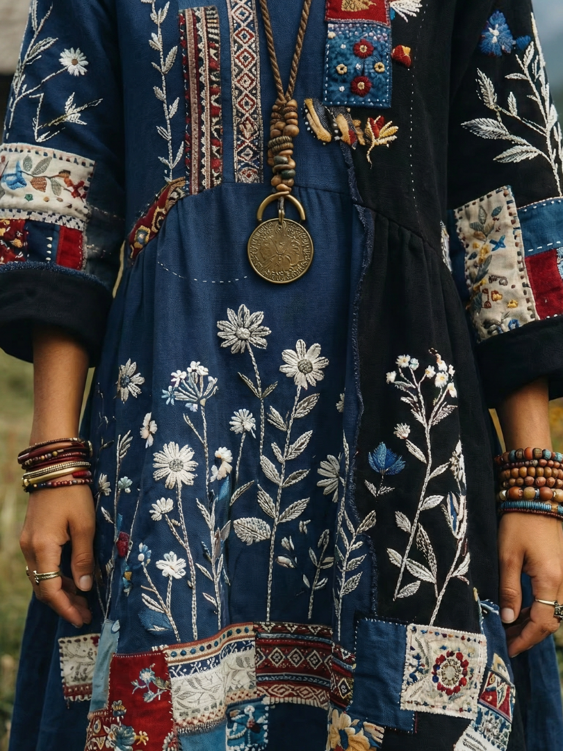 Alix | Robe midi à manches longues avec panneaux brodés