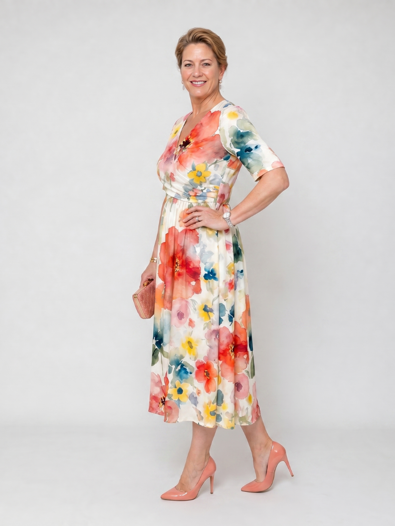 Corinne | Robe Midi à Imprimé Floral à Manches Courtes et Col V