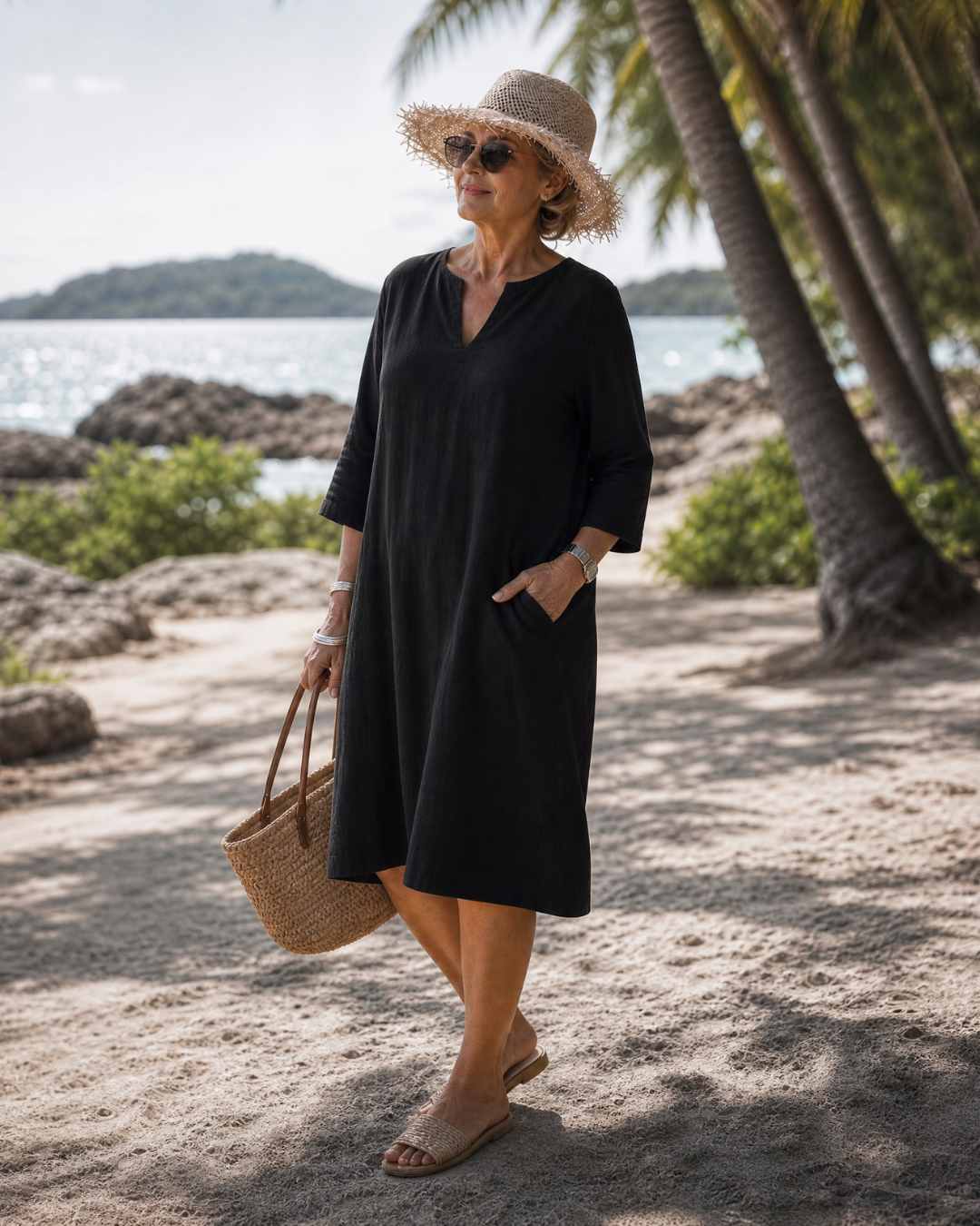 Elixir | Robe à manches trois-quarts en V texturé à longueur genoux