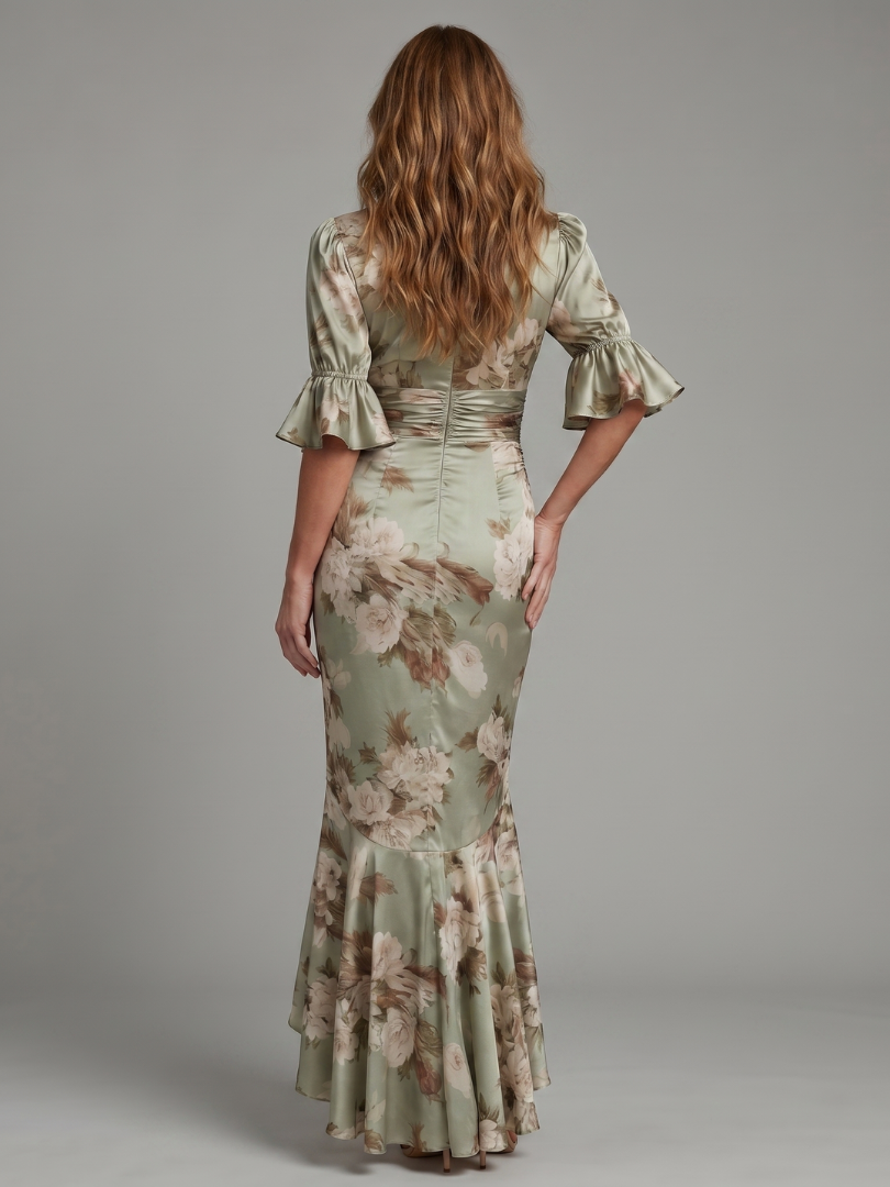 Robe Midi à Manches Courtes en V Ruchée à la Taille | Palm