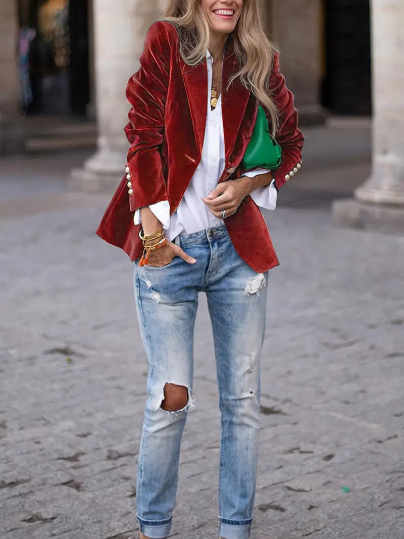 Sandrine - Blazer Élégant Velours Boutons