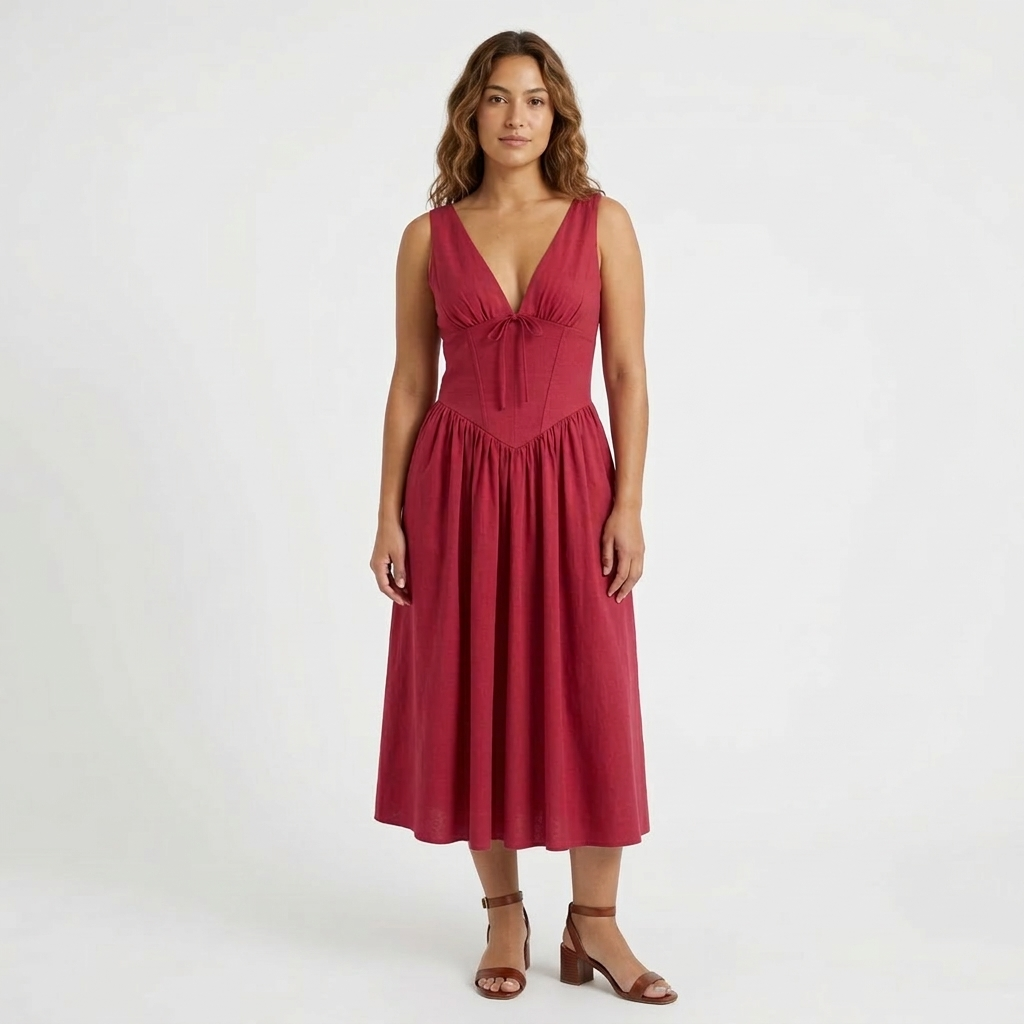 Robe Midi Femme Élégante Col V Taille Cintrée