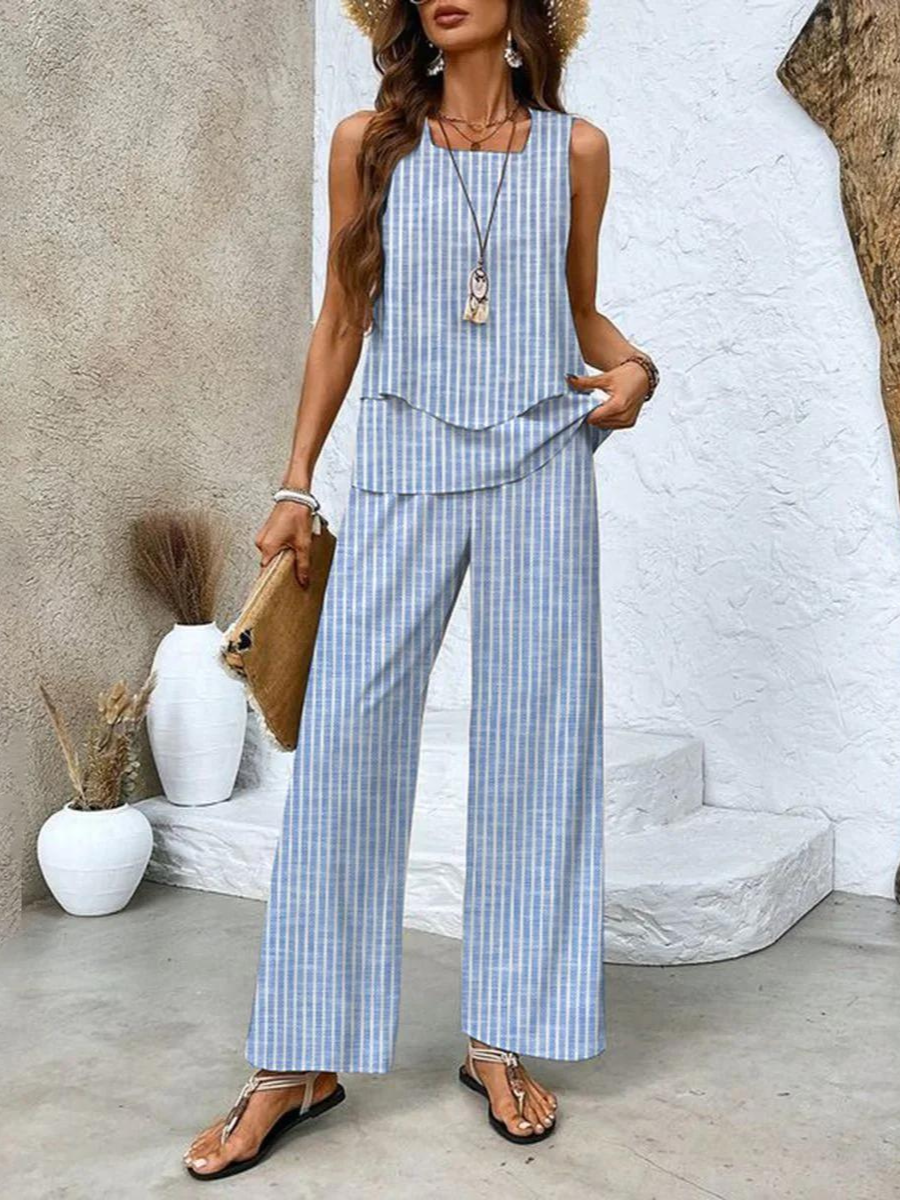 Ensemble de Deux Pièces avec Top Sans Manches et Pantalons à Jambes Amples pour Femme