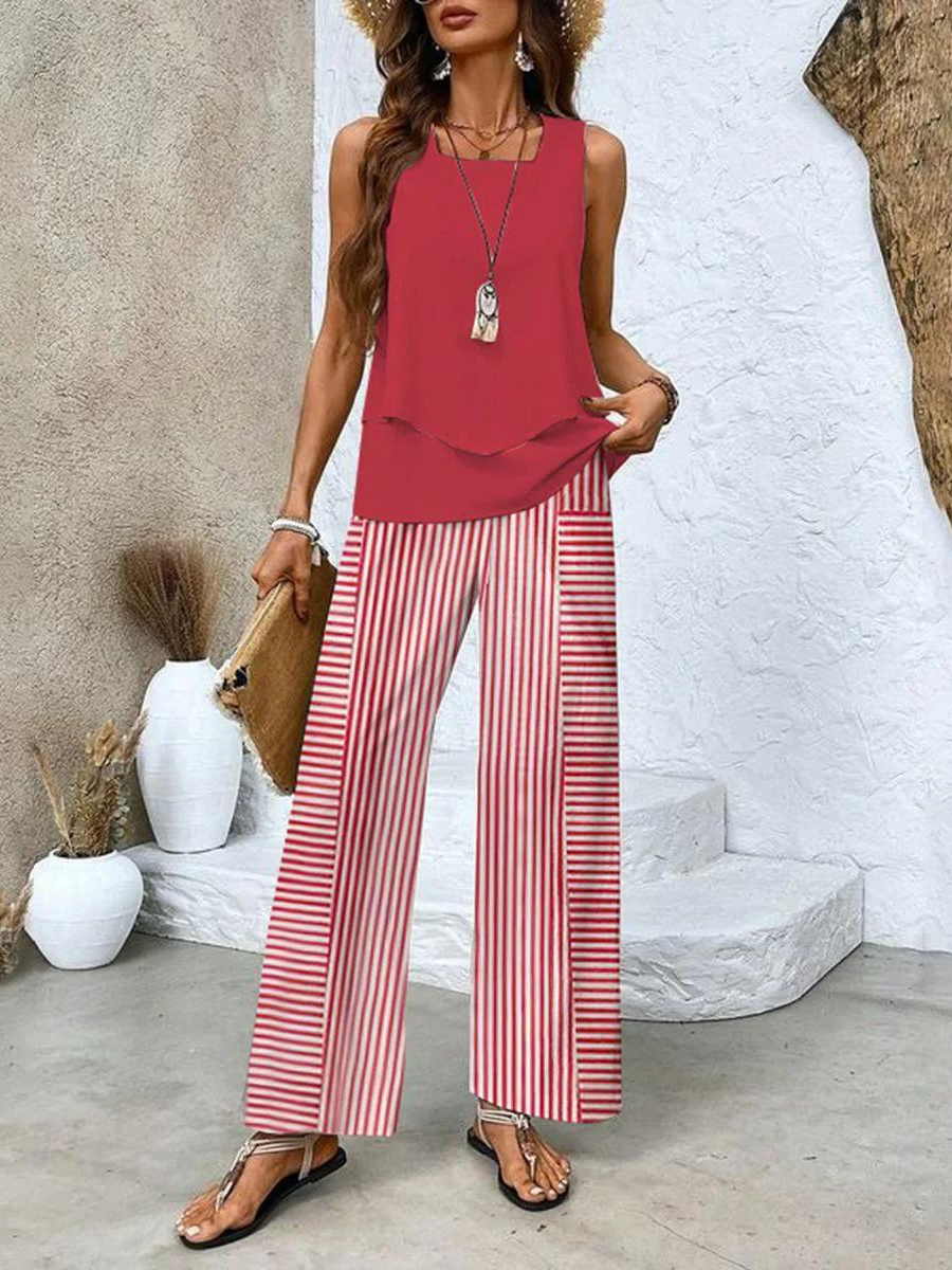 Ensemble de Deux Pièces avec Top Sans Manches et Pantalons à Jambes Amples pour Femme