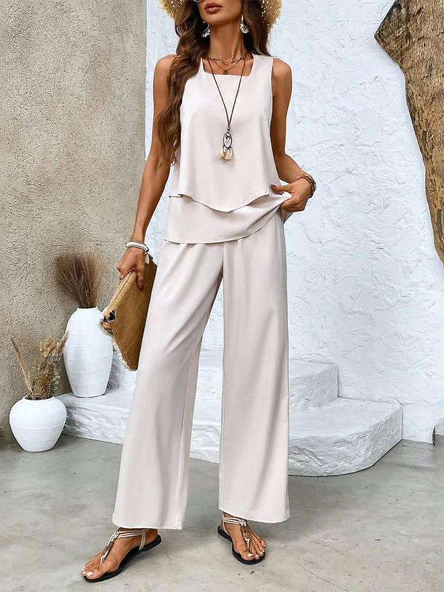 Ensemble de Deux Pièces avec Top Sans Manches et Pantalons à Jambes Amples pour Femme