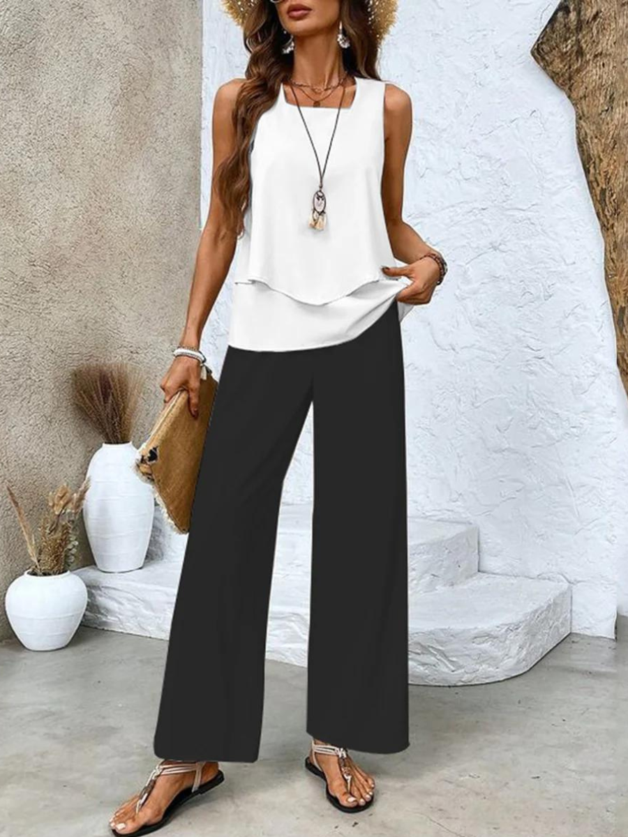 Ensemble de Deux Pièces avec Top Sans Manches et Pantalons à Jambes Amples pour Femme