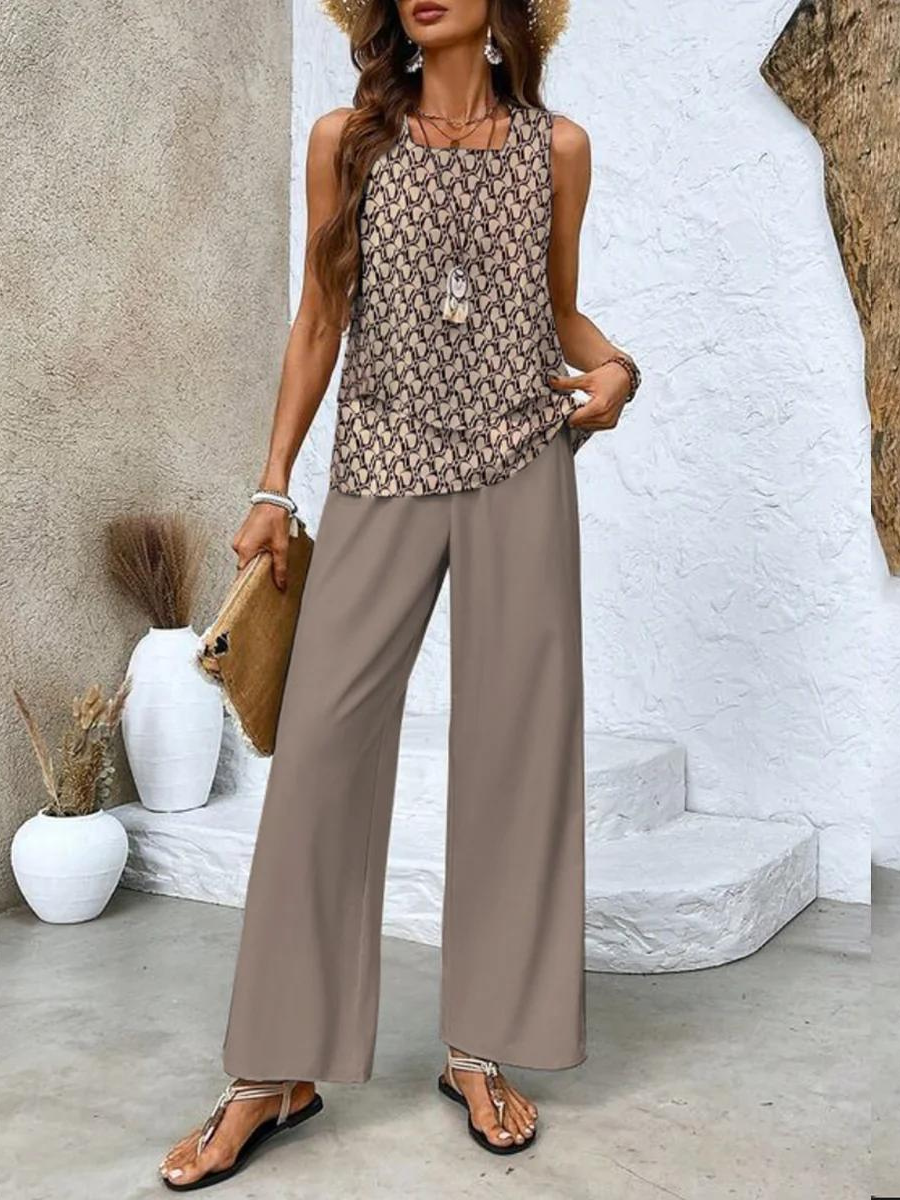 Ensemble de Deux Pièces avec Top Sans Manches et Pantalons à Jambes Amples pour Femme
