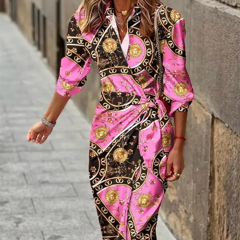 Robe Midi Croisée pour Femme avec Imprimé Géométrique et Manches Trois Quarts