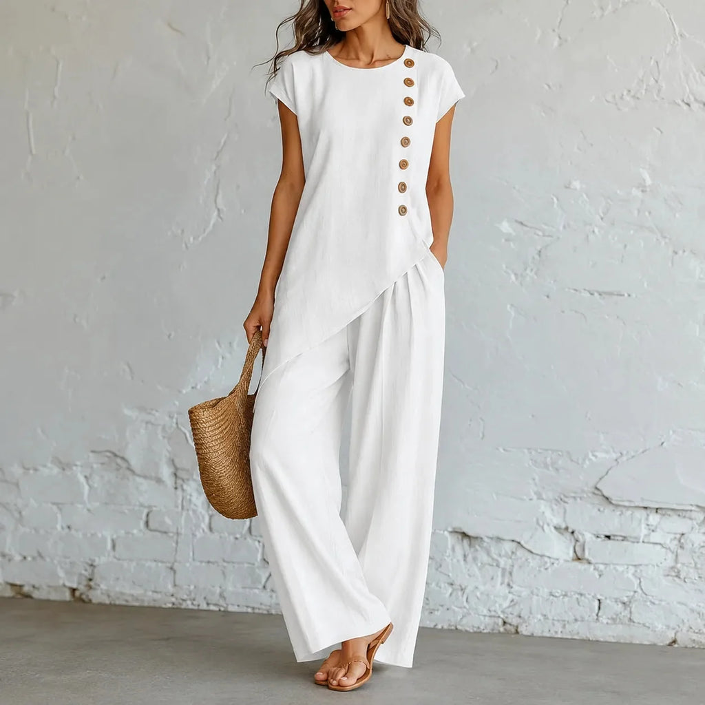 Elovena – Ensemble assorti à ourlet asymétrique avec pantalons à jambes larges