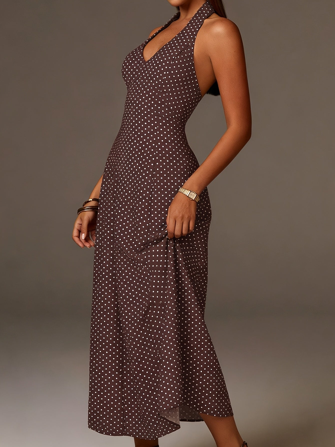 Robe Maxi à Pois avec Col Halter et Décolleté en V Profond pour Femme