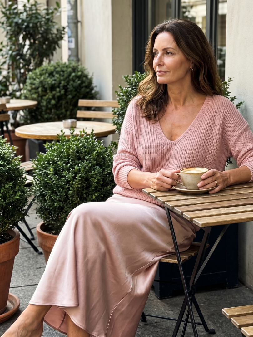 Luciana | Jupe en satin biais avec ensemble en tricot
