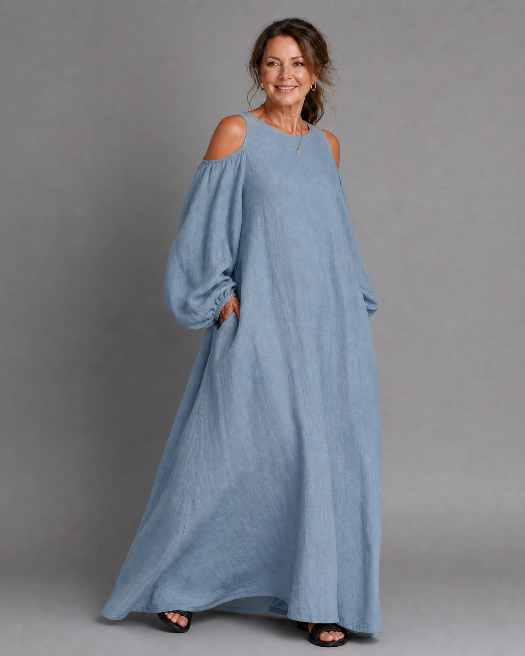 Sylphine | Robe Maxi Décontractée à Épaules Dénudées et Manches Bouffantes