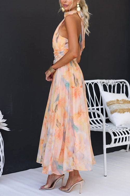 Aurora™ - Robe maxi élégante avec col halter et imprimé aquarelle