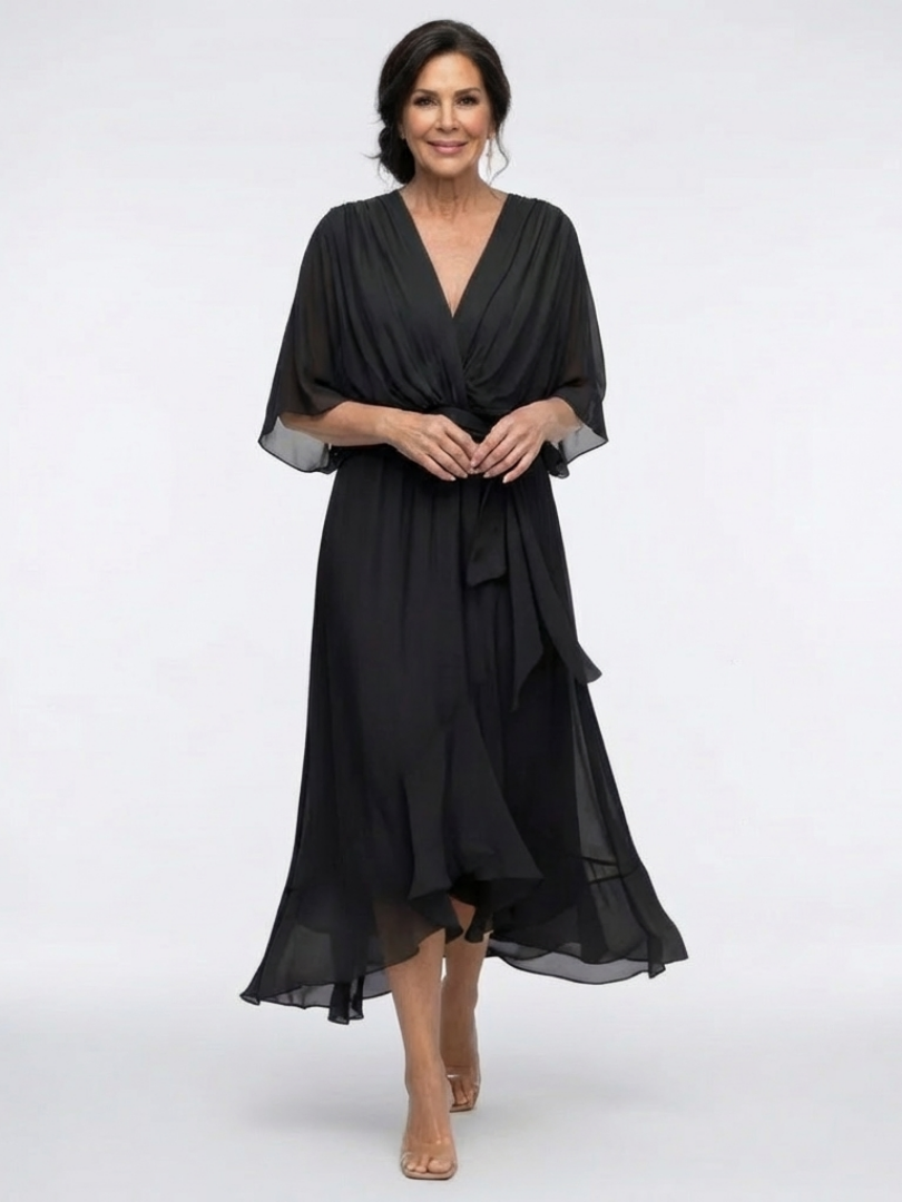 Elysia | Robe Midi Drapée à Décolleté en V avec Ceinture