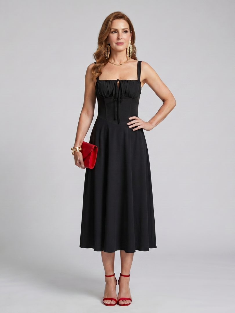 Zenobia | Robe Midi à Bretelles Spaghetti avec Corps Froncé