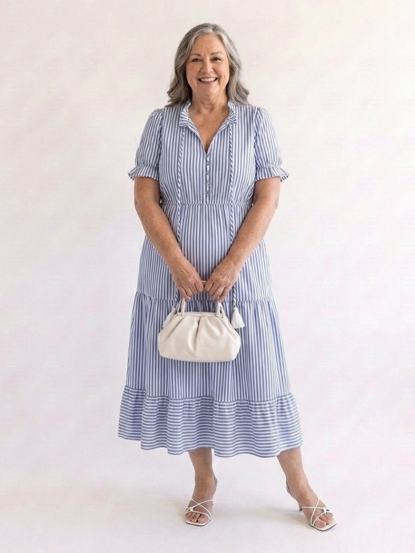 Dakota | Robe midi à manches courtes rayée à volants