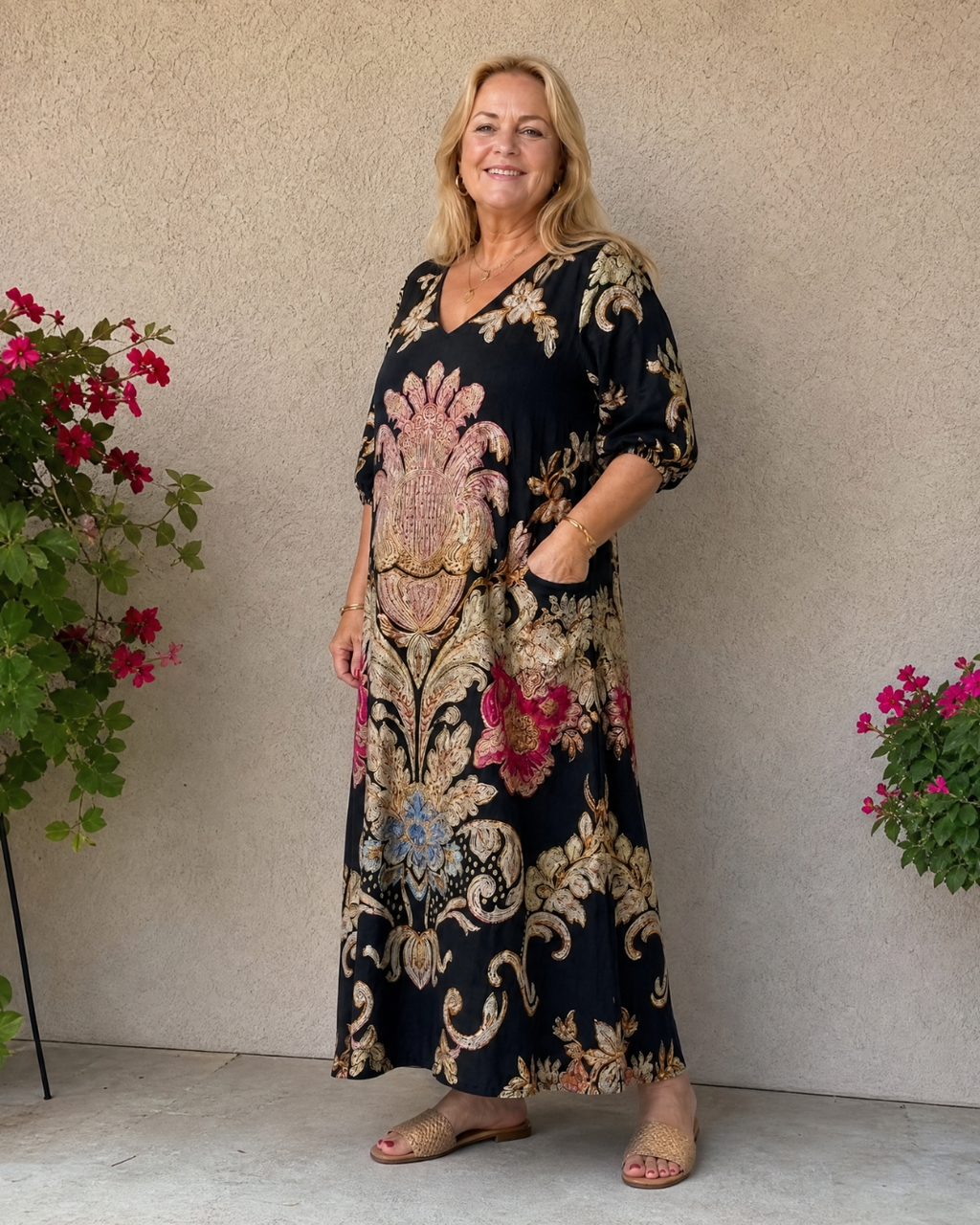 Evarose | Robe midi à manches trois-quarts avec imprimé vintage orné