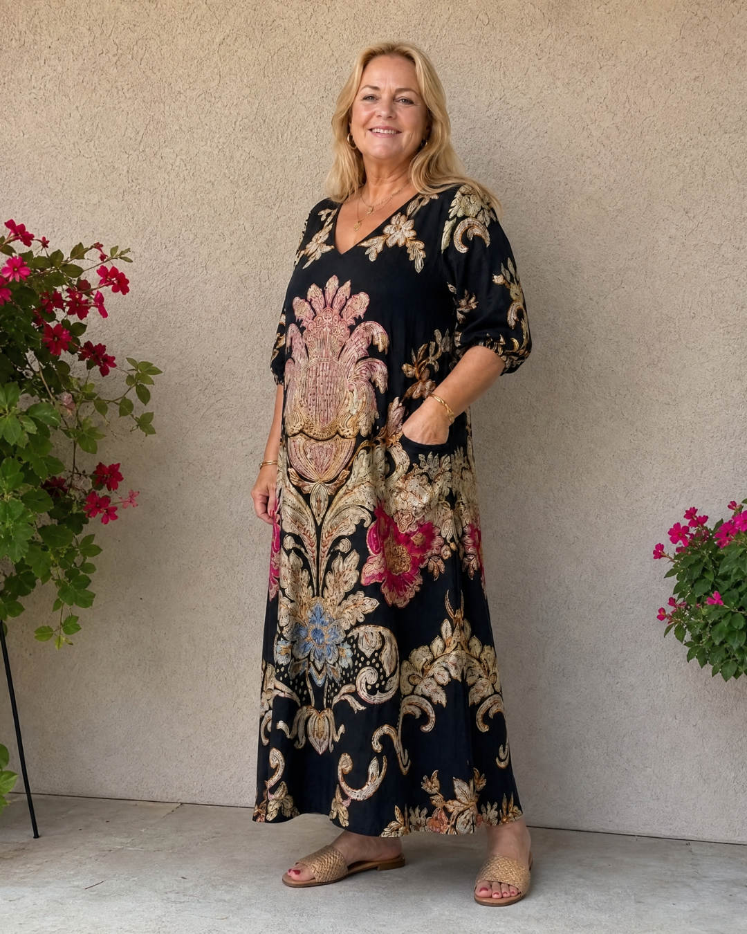 Evarose | Robe midi à manches trois-quarts avec imprimé vintage orné